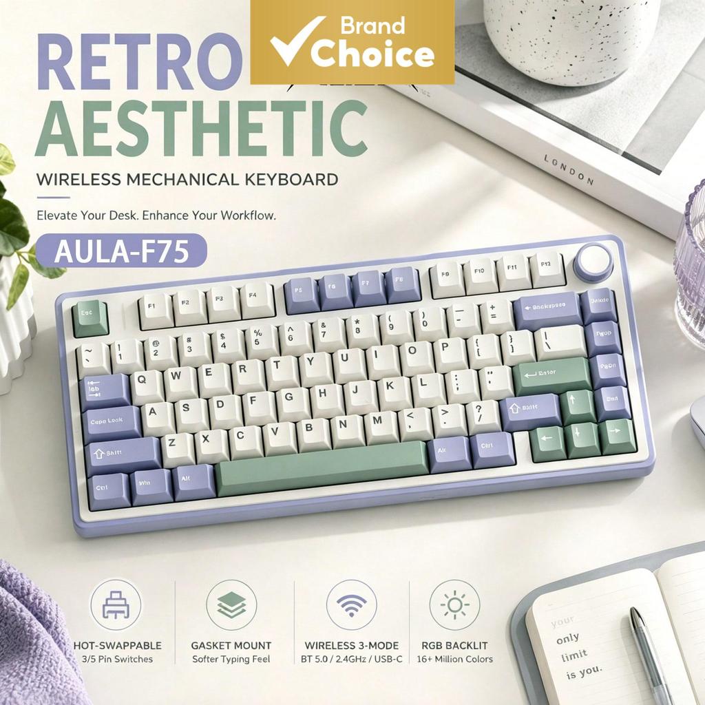 Teclado mecânico AULA F75 com layout 75%, conexão Bluetooth sem fio, 81 teclas, estrutura de junta, RGB com hotswap