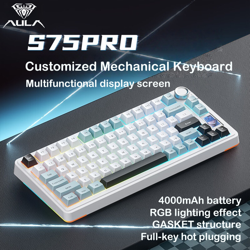 Teclado Mecânico Aula S75 Pro, Tri-Modo (com fio/Bluetooth), RGB, Troca a quente, Estrutura Gasket, 75%, Ergonômico