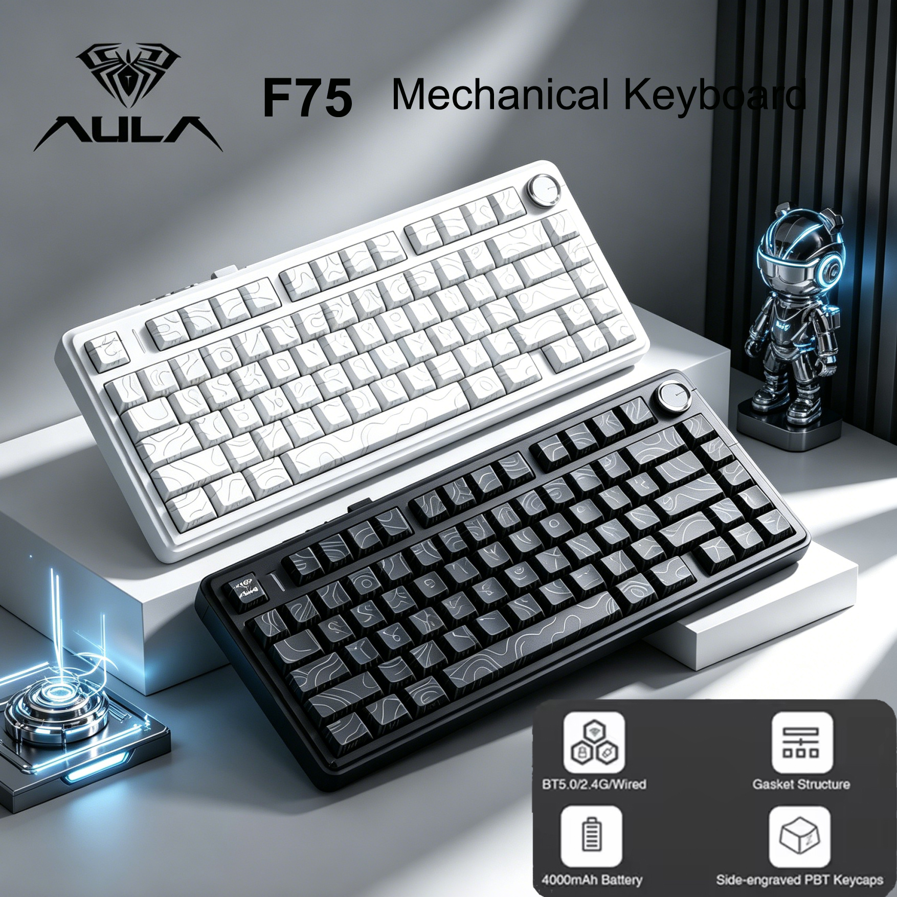 Teclado gamer mecânico Aula F75 Tri-Modo com fio/Bluetooth/2.4G, estrutura em gaxeta, RGB, 80 teclas, troca total de