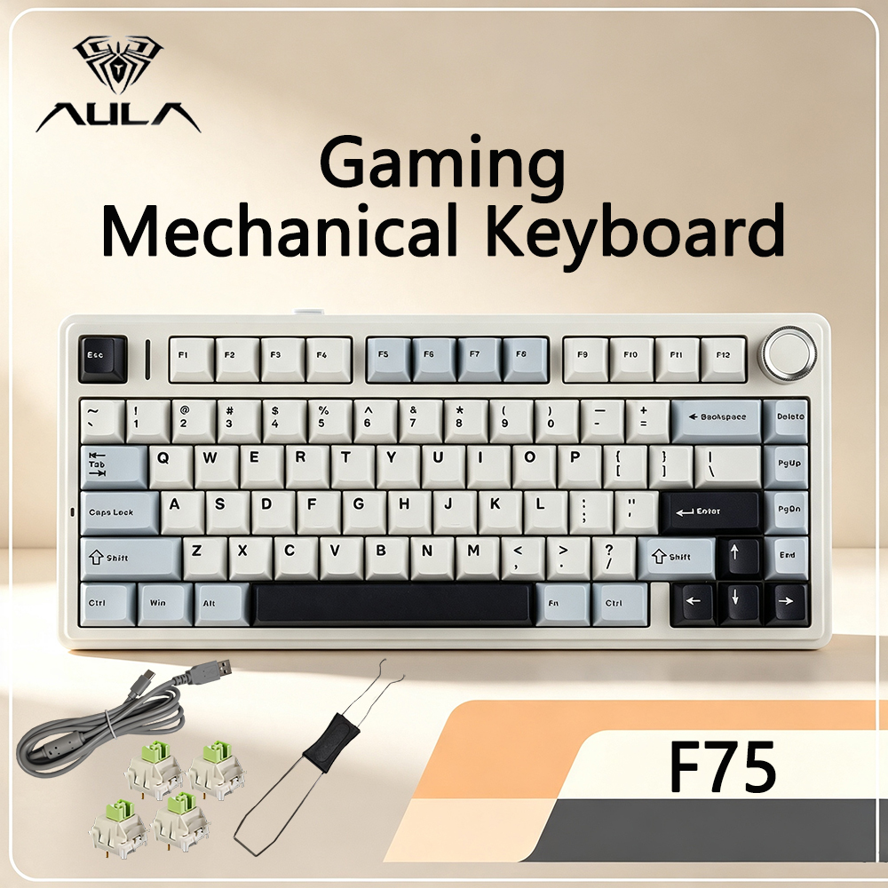 Teclado mecânico AULA F75 com 3 modos Bluetooth sem fio, estrutura, retroiluminação RGB, hot swap total e knob