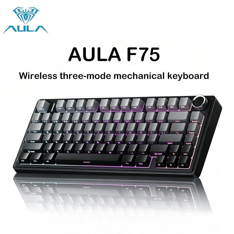 Teclado Mecânico AULA F75, Tri-Modo, Bluetooth Sem Fio, RGB, Troca Rápida, Estrutura de Junta, 75 Teclas,