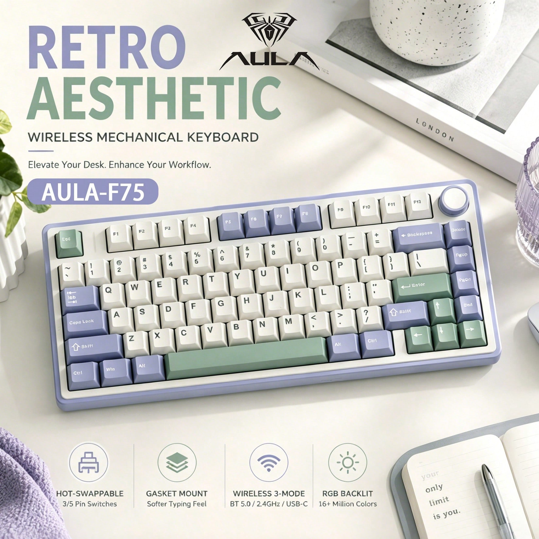 Teclado mecânico AULA F75 Bluetooth 75% 81 teclas, estrutura de junta, RGB, plugue quente para todas as teclas, com