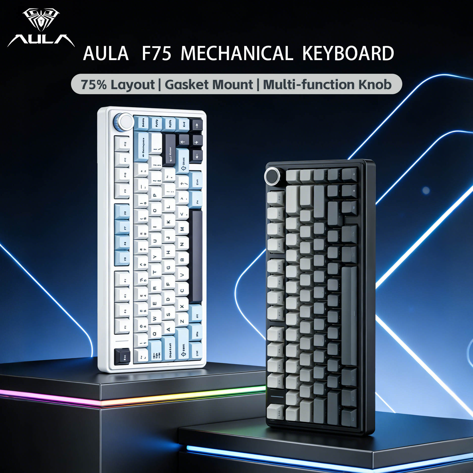 Teclados AULA F75 Tri-mode Bluetooth / 2.4G sem fio / com fio, teclado mecânico 75% para PC, hot-swap, PBT com estrutura