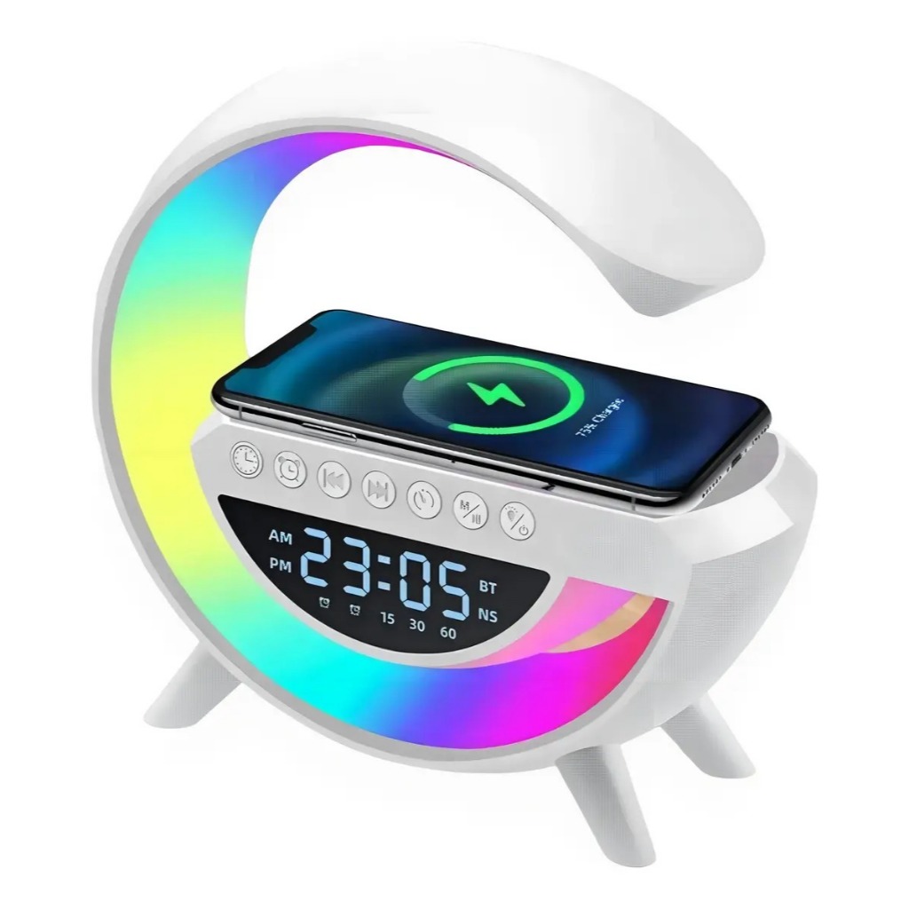 Caixa de Som luminária G Speaker Bluetooth Carregador Indução Relógio Cor Da Estrutura Branco