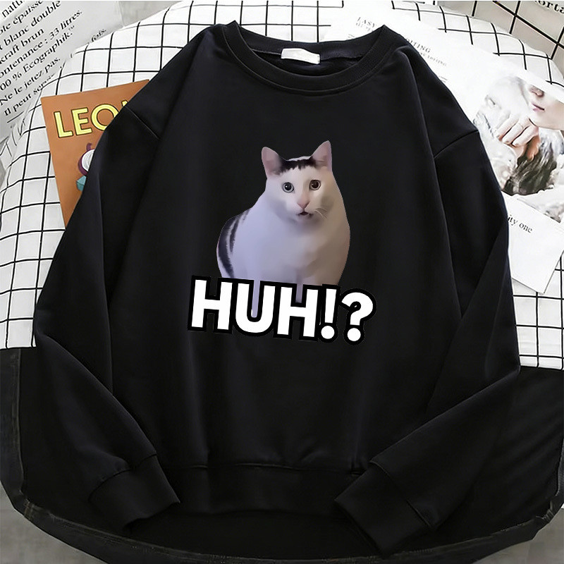 Gato Dizendo Huh ? Meme Feminino Sólido Hoodies Moletom De Lã Macio Respirável O-Pescoço Pulôver Casual Roupas Femininas