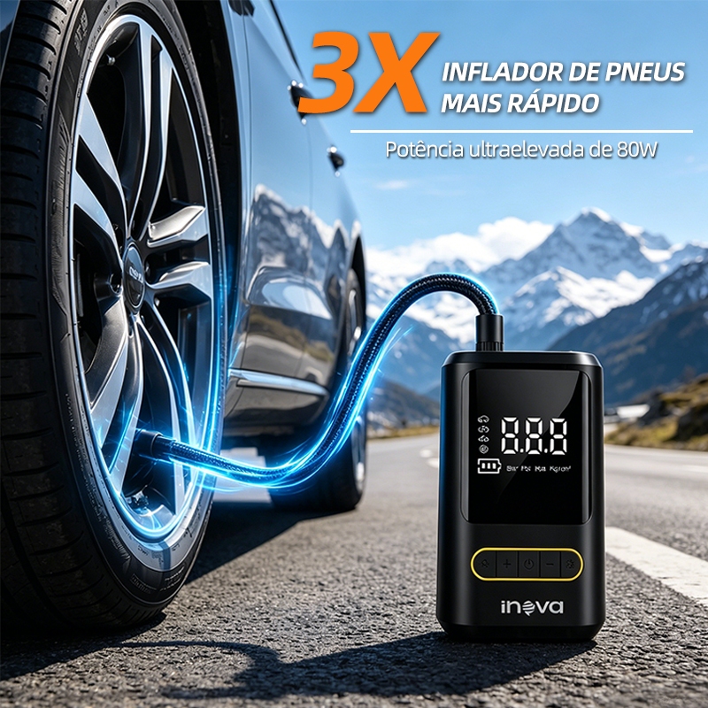 INOVA Compressor de Ar Portátil 150 PSI Digital 80W com Luz LED para Carro, Moto e Bicicleta