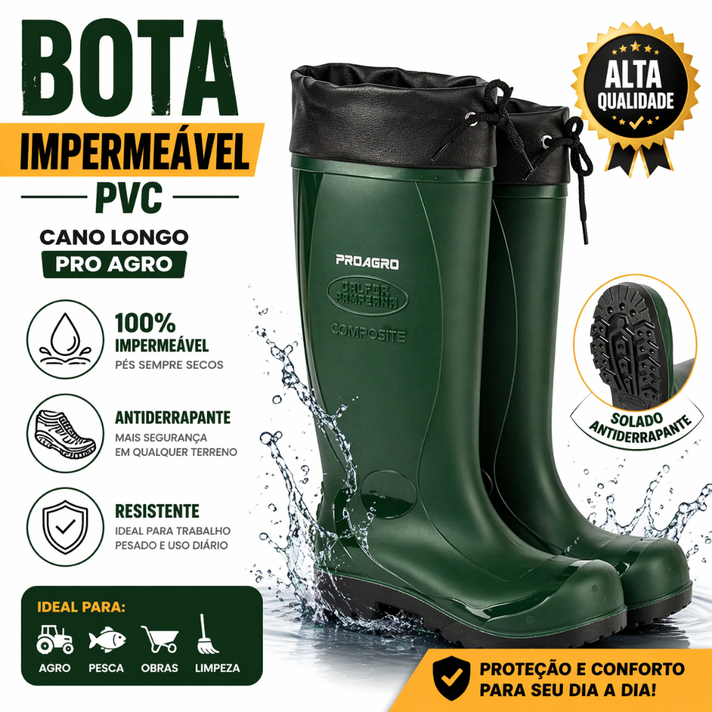 Bota Galocha Impermeável PVC Cano Longo Antiderrapante Trabalho Pesado Agro Pesca Limpeza