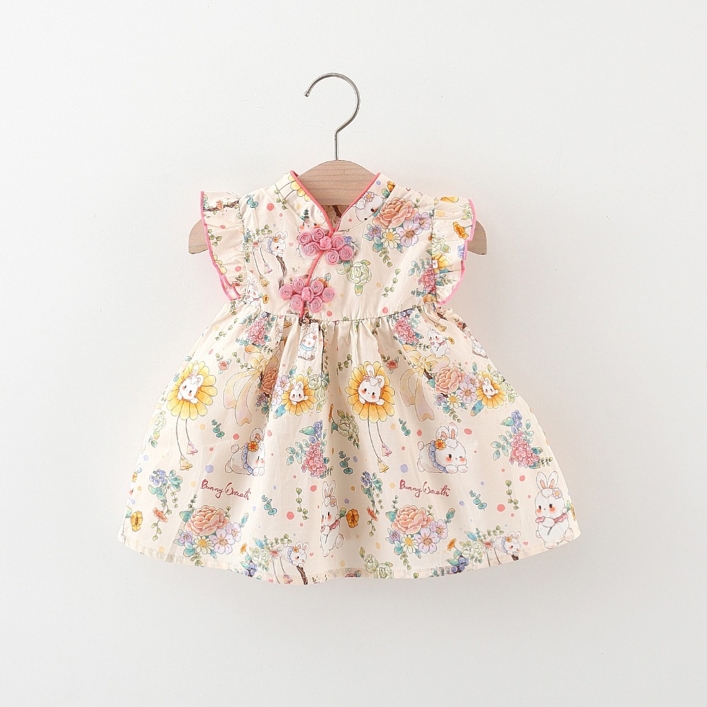 Summer New Cute Cartoon Ruffle Edge Sleeve Baby Girl Dress , Pink Little White Rabbit Roupa Sem Mangas Para Crianças (9 Meses-4 Anos De Idade)
