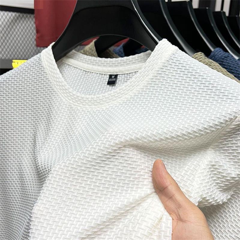 Malha de manga curta camiseta masculina verão 2026 novo estilo gelo seda Slub topo meia manga tamanho grande solto camis