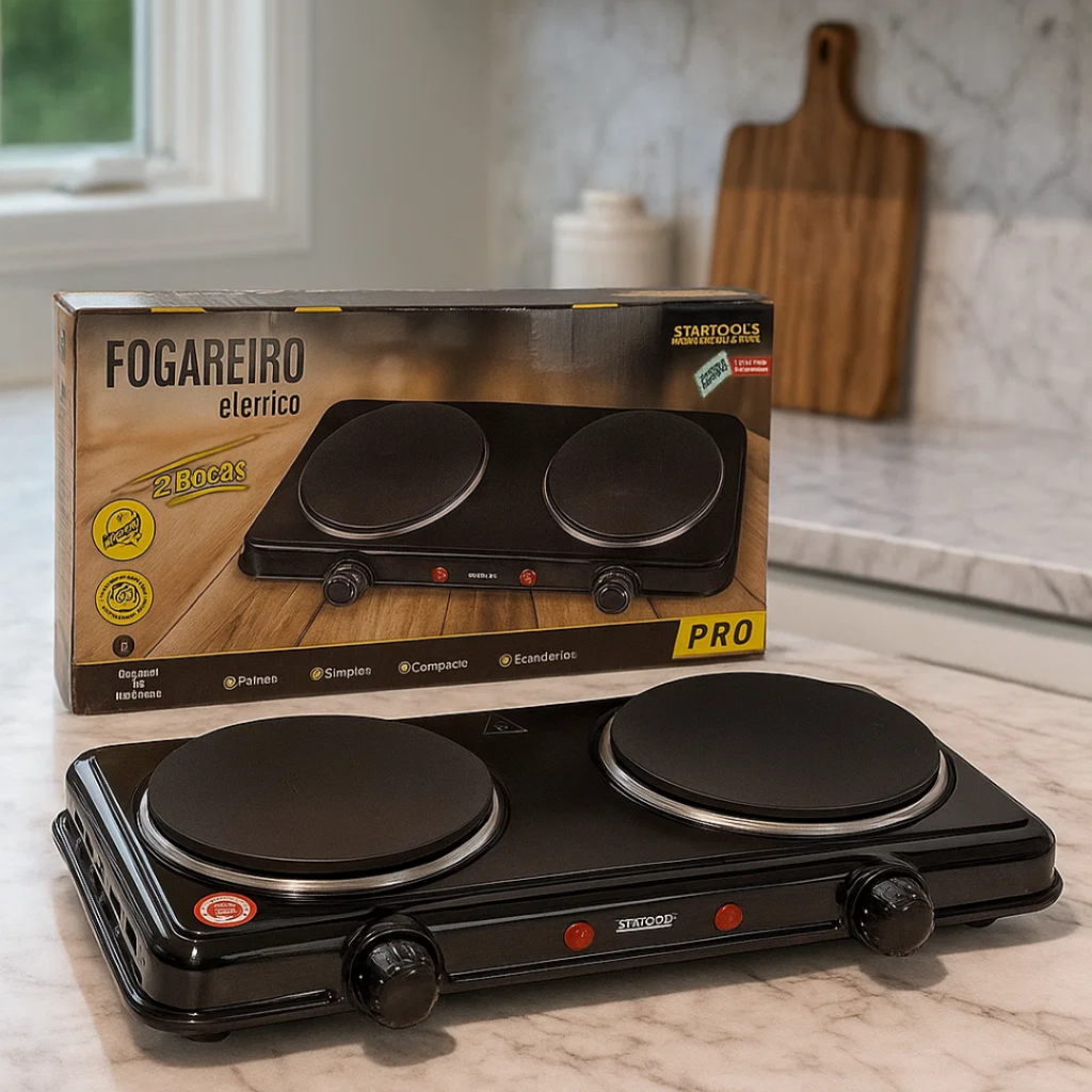 Fogão Elétrico Portátil Camping 2 Bocas 220V Compacto, Potente 2000W e Ideal para Cozinha ou Viagem