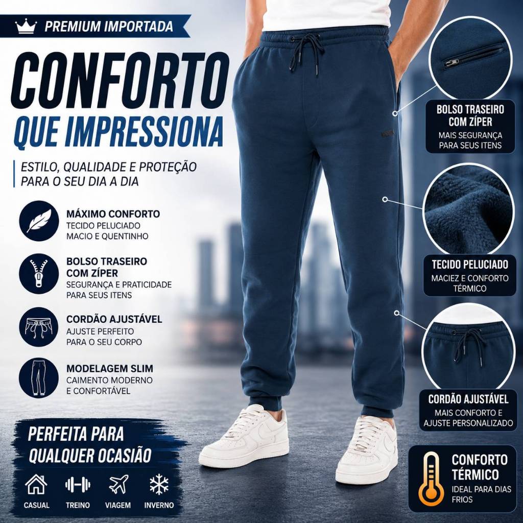Calça Moletom Masculina Importada Pesada Forro Bolsos Laterais Traseiro com Zíper