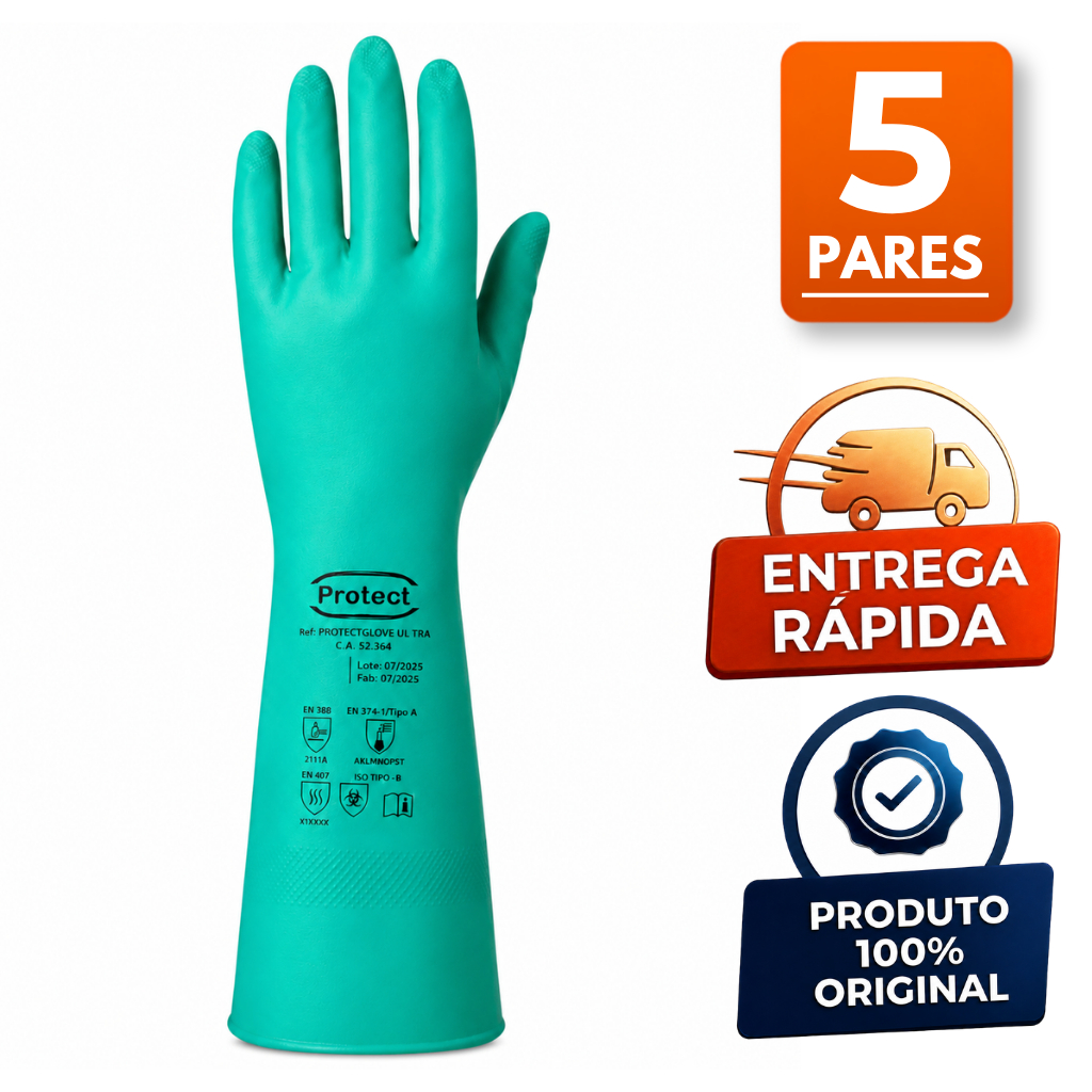 Kit 5 Pares Luva Nitrílica Com Forro Anti Alergico Multiuso Casa Cozinha Limpeza Pesada Produto Quimico Agrotóxico EPI