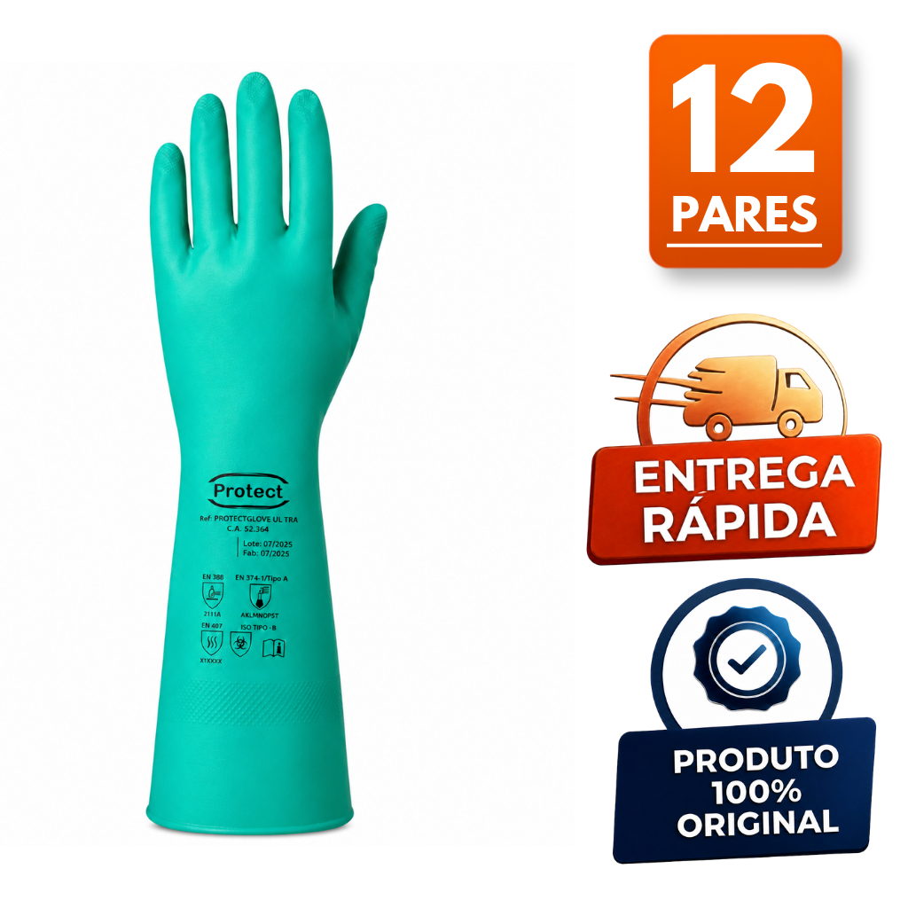 Kit 12 Pares Luva Nitrílica com Forro CA Anti Alergico Multiuso Casa Cozinha Limpeza Pesada Produto Quimico Agrotóxico