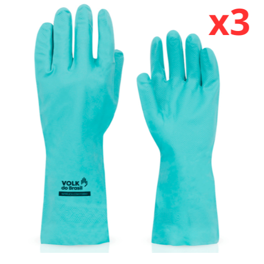 Kit 3 Luva Nitrilica Verde Com Forro Antiderrapante Louça Quimico Faxina Limpeza Pesada Laboratorio