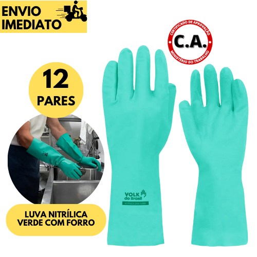 12 ou 6 Pares Luva Nitrílica com Forro Volk Alta Resistência para Produtos Químicos e Limpeza Pesada