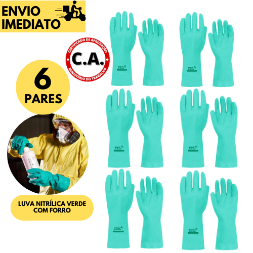 6 Pares Luva Nitrílica com Forro Volk – Alta Resistência para Produtos Químicos e Limpeza Pesada