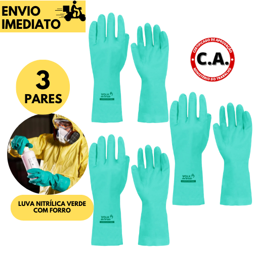 Luva Nitrílica com Forro Volk 3 Pares Alta Resistência para Produtos Químicos e Limpeza Pesada