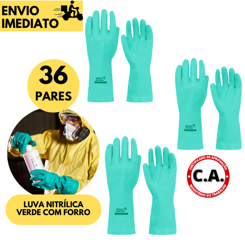 36 Pares Luva Nitrílica com Forro Volk 3 Pares Alta Resistência p/Produtos Químicos e Limpeza Pesada