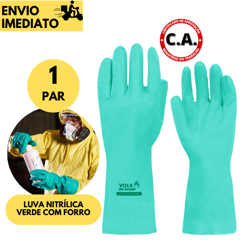 Luva Nitrílica com Forro Volk Alta Resistência para Produtos Químicos e Limpeza Pesada