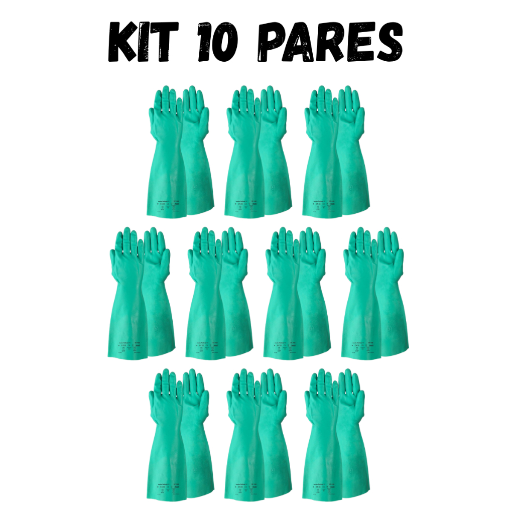 Kit 10 Pares Luva de Borracha Nitrílica Ansell Solvex 37-165 C/Longo 38cm Limpeza Pesada S/Forro Antiderrapante Ca12598