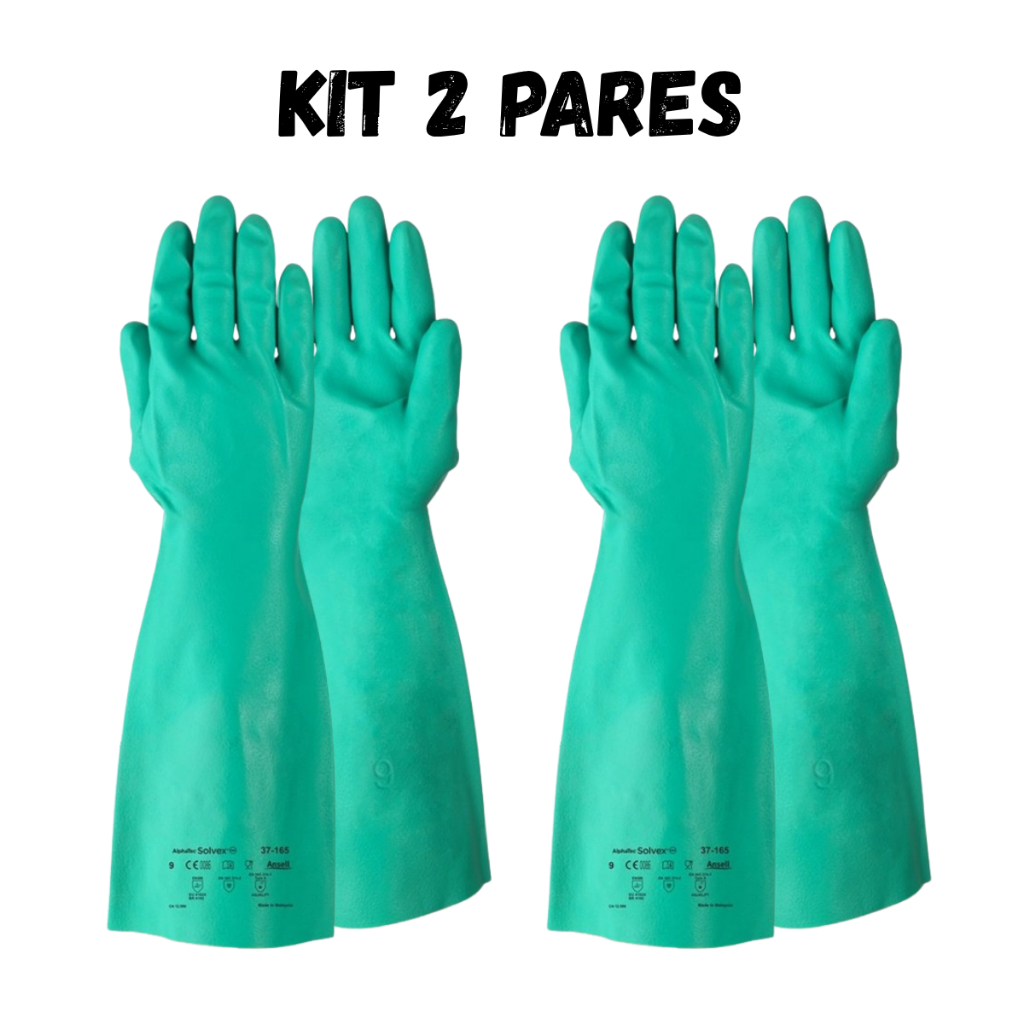 Kit 2 Pares Luva de Borracha Nitrílica Ansell Solvex 37-165 C/Longo 38cm Limpeza Pesada S/Forro Antiderrapante Ca12598