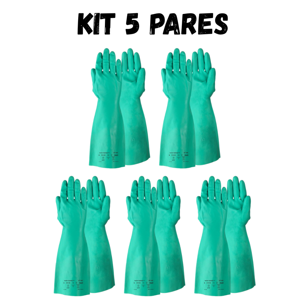 Kit 5 Pares Luva de Borracha Nitrílica Ansell Solvex 37-165 C/Longo 38cm Limpeza Pesada S/Forro Antiderrapante Ca12598