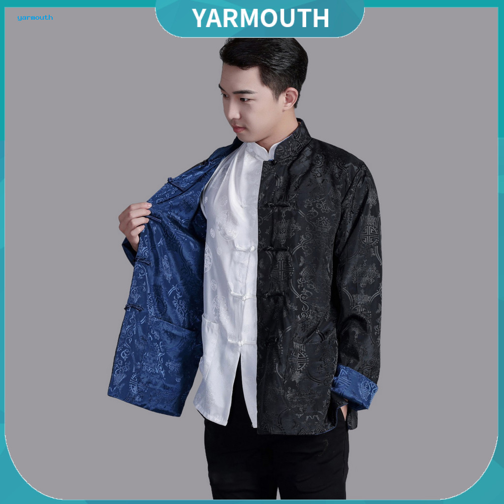 Men Chinese Style Shirt Plate Placket Men’s Tang Suit Stand-up Collar Satin Reversible Printed Top Auspicious Color Fe