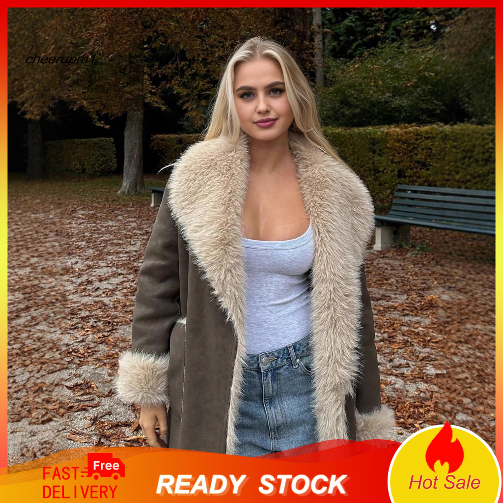 Women Outerwear Long Coat Women’s Reversible Faux Fur Trench – Warm Fuzzy Fleece Sherpa Lined Winter Jacket with Fur