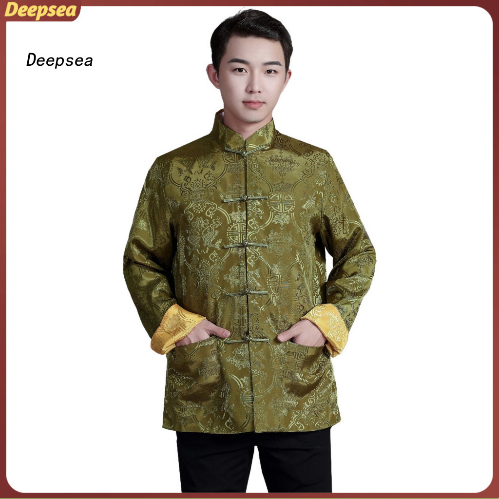 Chinese Style Men’s Tang Suit Shirt Stand-up Collar Satin Reversible Printed Top Auspicious Color Casual Festival Wear