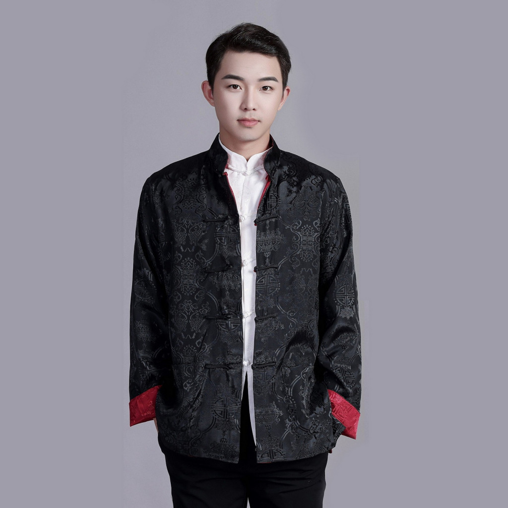 Men Chinese Style Shirt Traditional Men’s Tang Suit Stand-up Collar Satin Reversible Printed Top Auspicious Color Fest