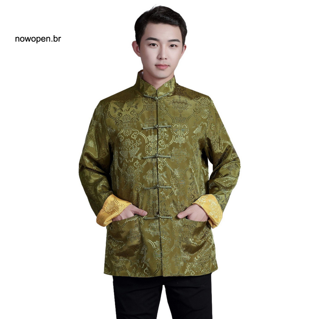 Men Shirt Chinese Style Men’s Tang Suit Stand-up Collar Satin Reversible Printed Top Auspicious Color Festival Wear Tr