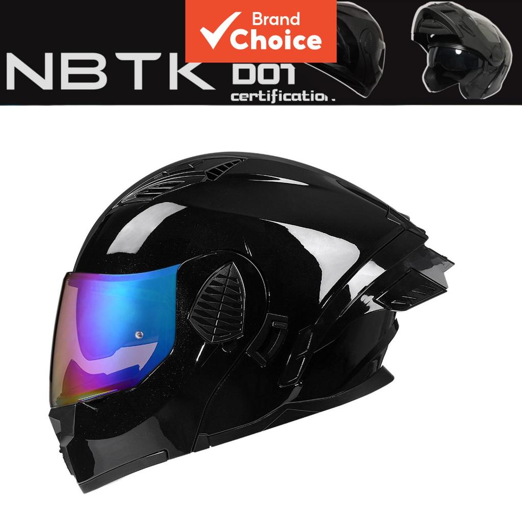 Capacete de Motocicleta NBTK Flip Up Preto Brilhante Certificado DOT, Lente Dupla, Casco ABS, Acolchoamento EPS,