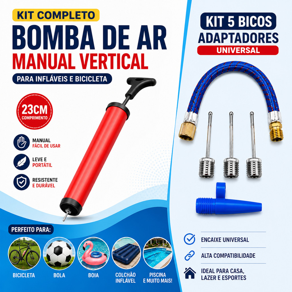Bomba de Ar Manual Vertical 23cm + Bicos Adaptadores Universal Bicicleta Bola Colchão Inflável Boia Piscina Infláveis