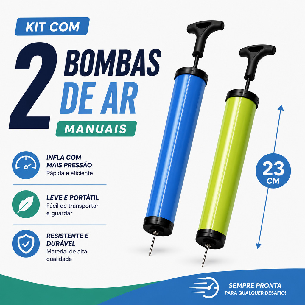 Bomba de Ar Manual 25cm Kit 2 ou 3 Peças ou Kit 5 Bicos Adaptadores para Bicicleta Bola Infláveis