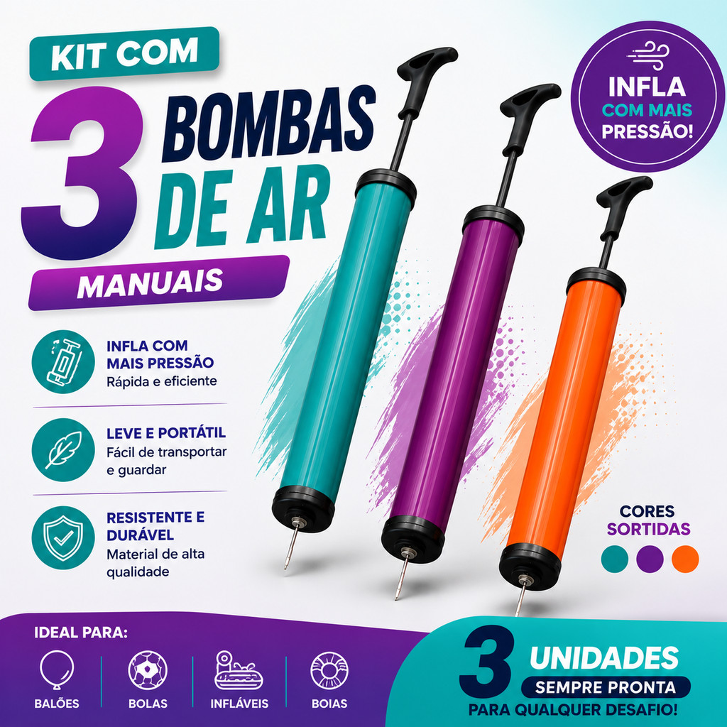 Kit 2/3 Peças Bomba de Ar Manual Vertical 23cm  ou Kit 5 Bicos Adaptadores Bicicleta Bola Piscina Boia