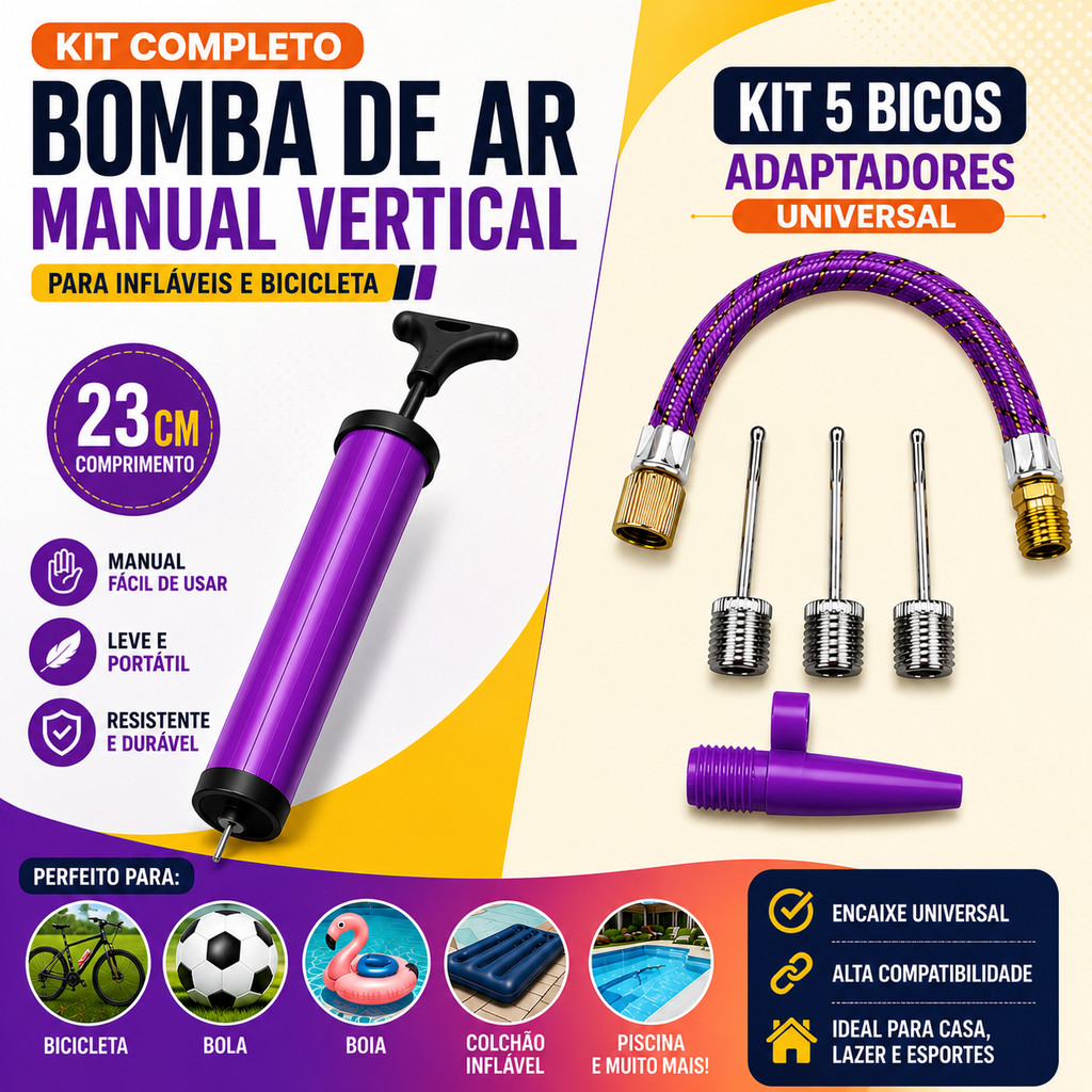 Bomba de Ar Manual Universal 23cm Vertical + 5 Bicos Adaptadores Bicicleta Bola Boia Piscina Colchão Inflável Infláveis