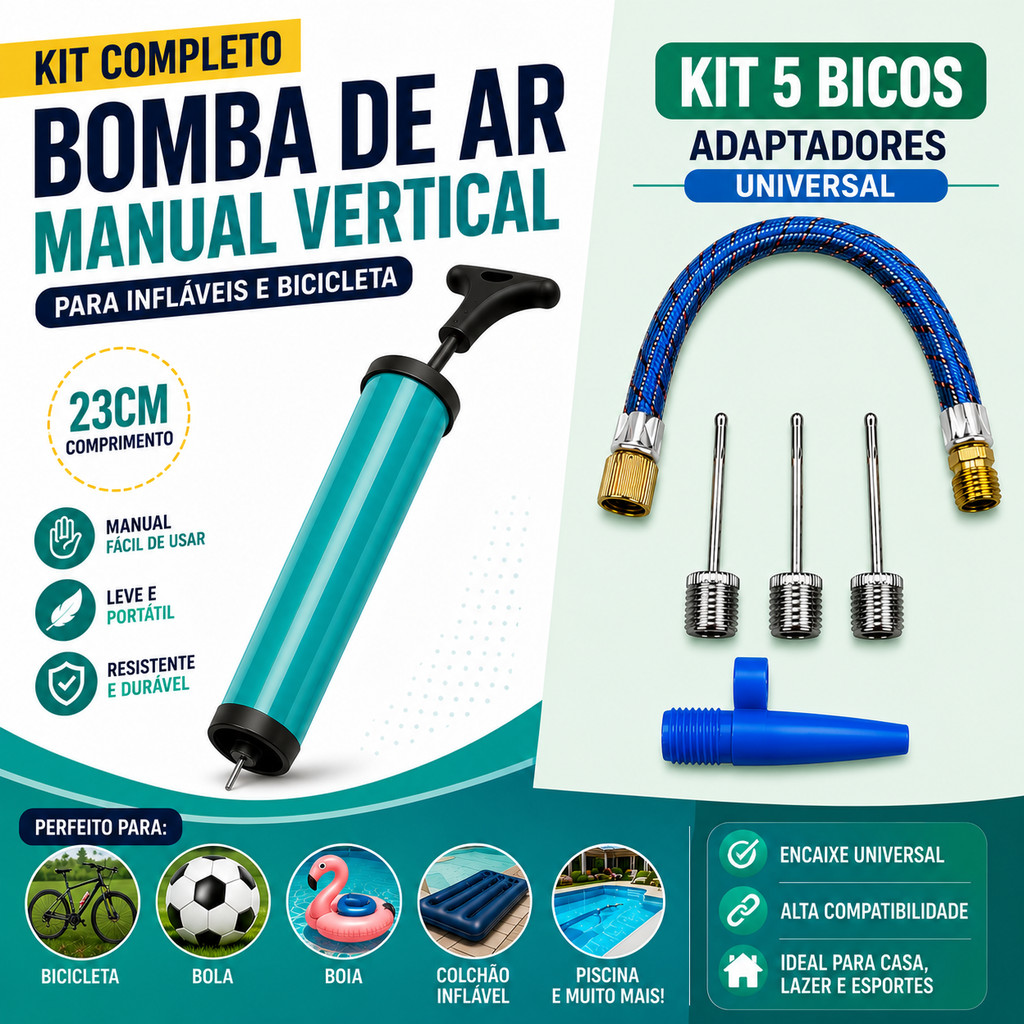 Bomba de Ar Manual Universal 23cm Vertical e 5 Bicos Adaptadores Bicicleta Bola Boia Piscina Colchão Inflável Infláveis