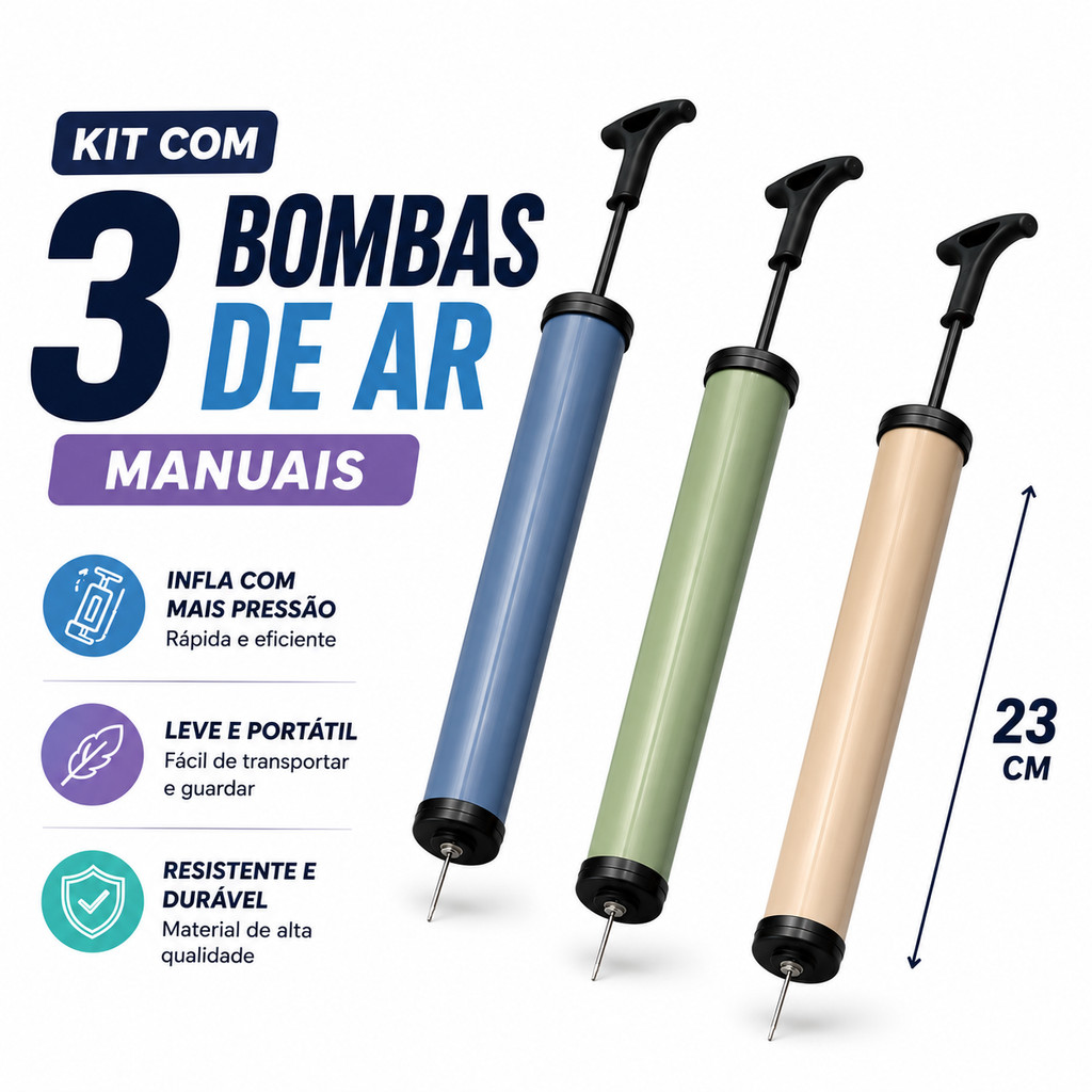 Kit 2/3 Bombas de Ar Manual Vertical 25cm Ou 5 Bicos Adaptadores Universal Bicicleta Bola Boia Colchão Inflável Piscina