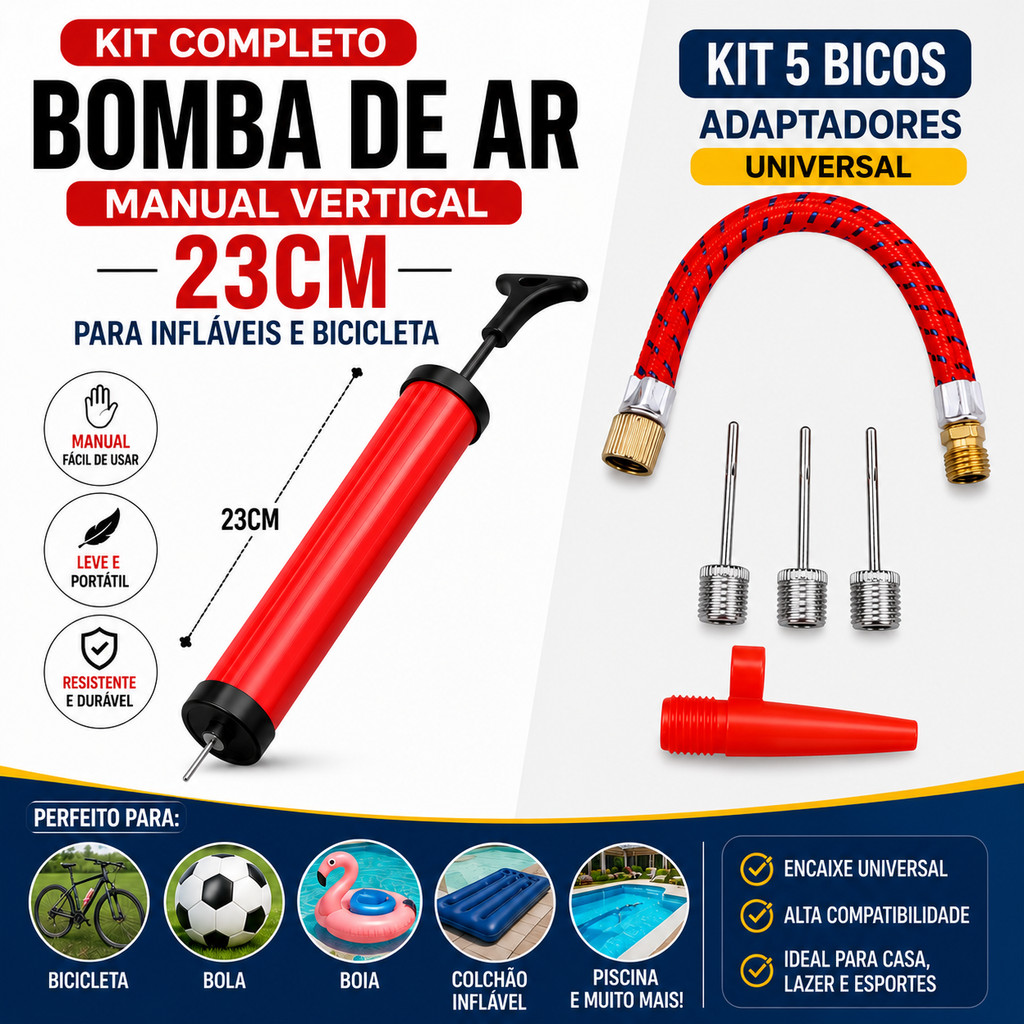 Kit 1 Bomba de Ar Manual Vertical 23cm + Kit 5 Bicos Adaptadores Universal Bicicleta Bola Boia Infláveis
