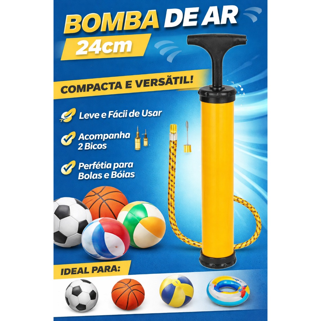 Bomba de ar manual para encher bolas e bicicleta completa com bico, 24 cm