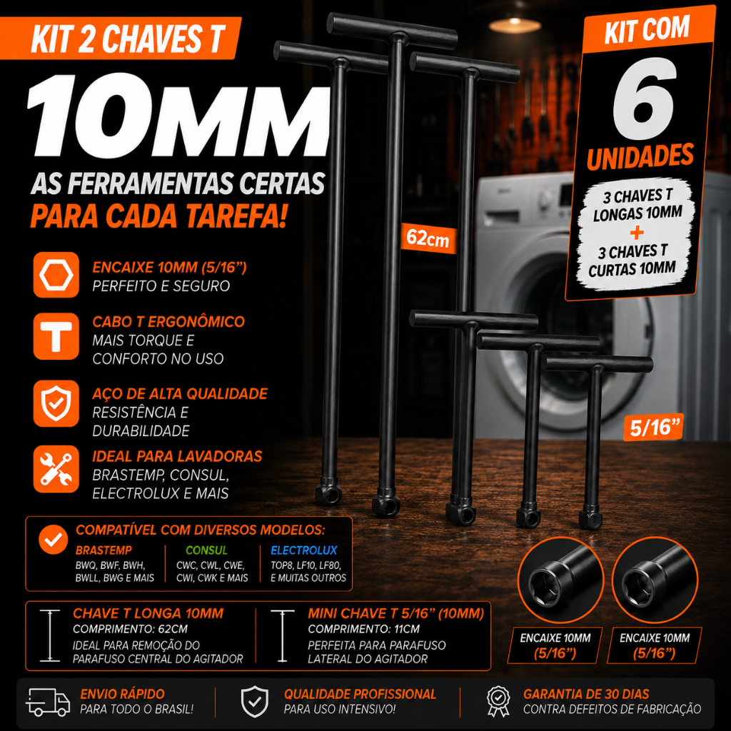 Kit Chave T Longa 10mm mais mini chave T 5/16 10mm Pastilha para Abrir Agitador de Máquina de Lavar
