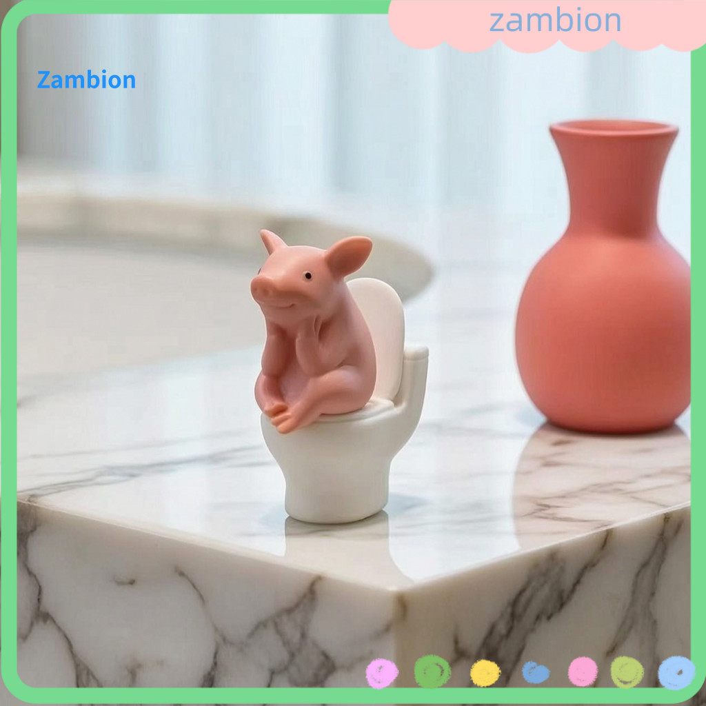 Pink Pig Figurine Toilet Statue Cute Miniature – Sitting Thinking Cartoon Farm Decoration for Home Office Bathroom for