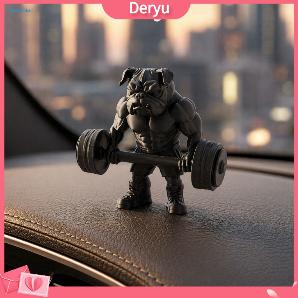 Fitness Bulldog Ornament Miniature Dog Statue 3d Printed Figurine – Modern Black Barbell for Home Office Desk Decor Gy