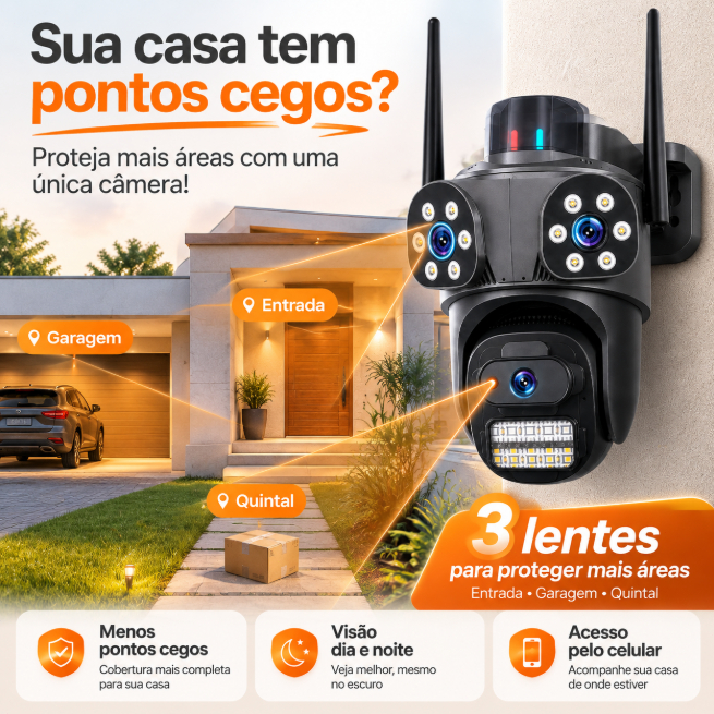 Câmera Segurança WiFi Externa 3 Lentes Visão Noturna Colorida Áudio Bidirecional IP66 Monitoramento Residencial