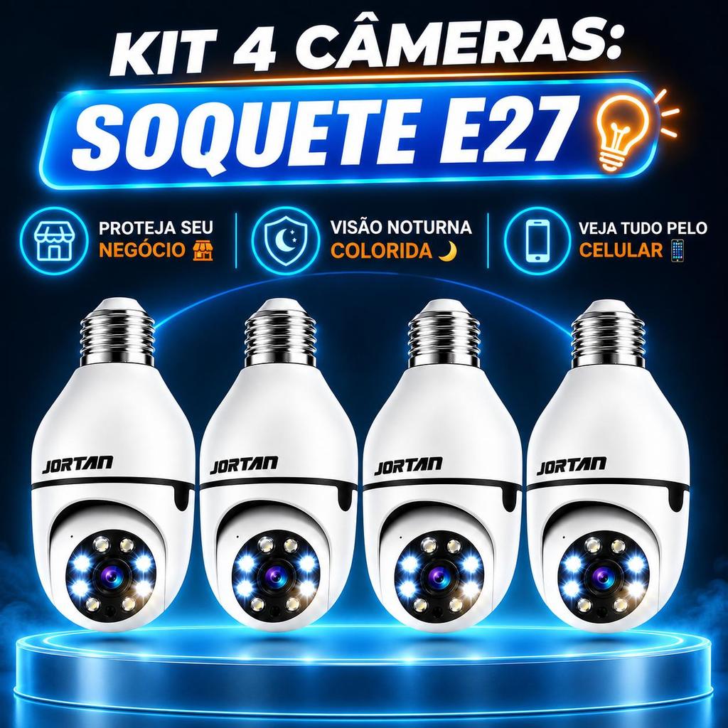 Kit 4 Câmeras Lâmpada IP Wi-Fi Bocal E27 Giro 360 Graus HD Visão Noturna Colorida Residencial Segurança Completa
