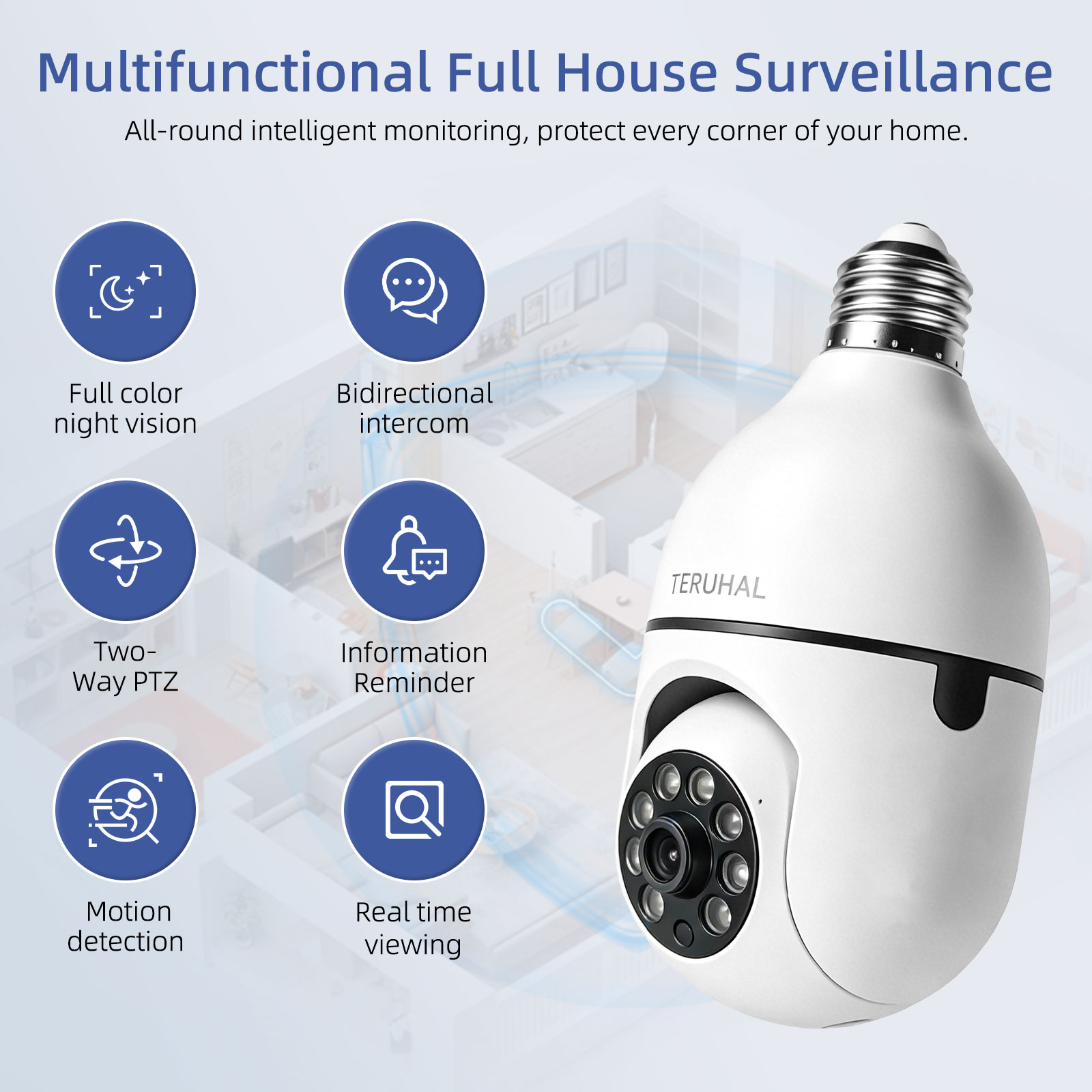 Câmera de vigilância TERUHAL E27, à prova d'água sem fio wifi para ambientes externos residenciais, com rastreamento