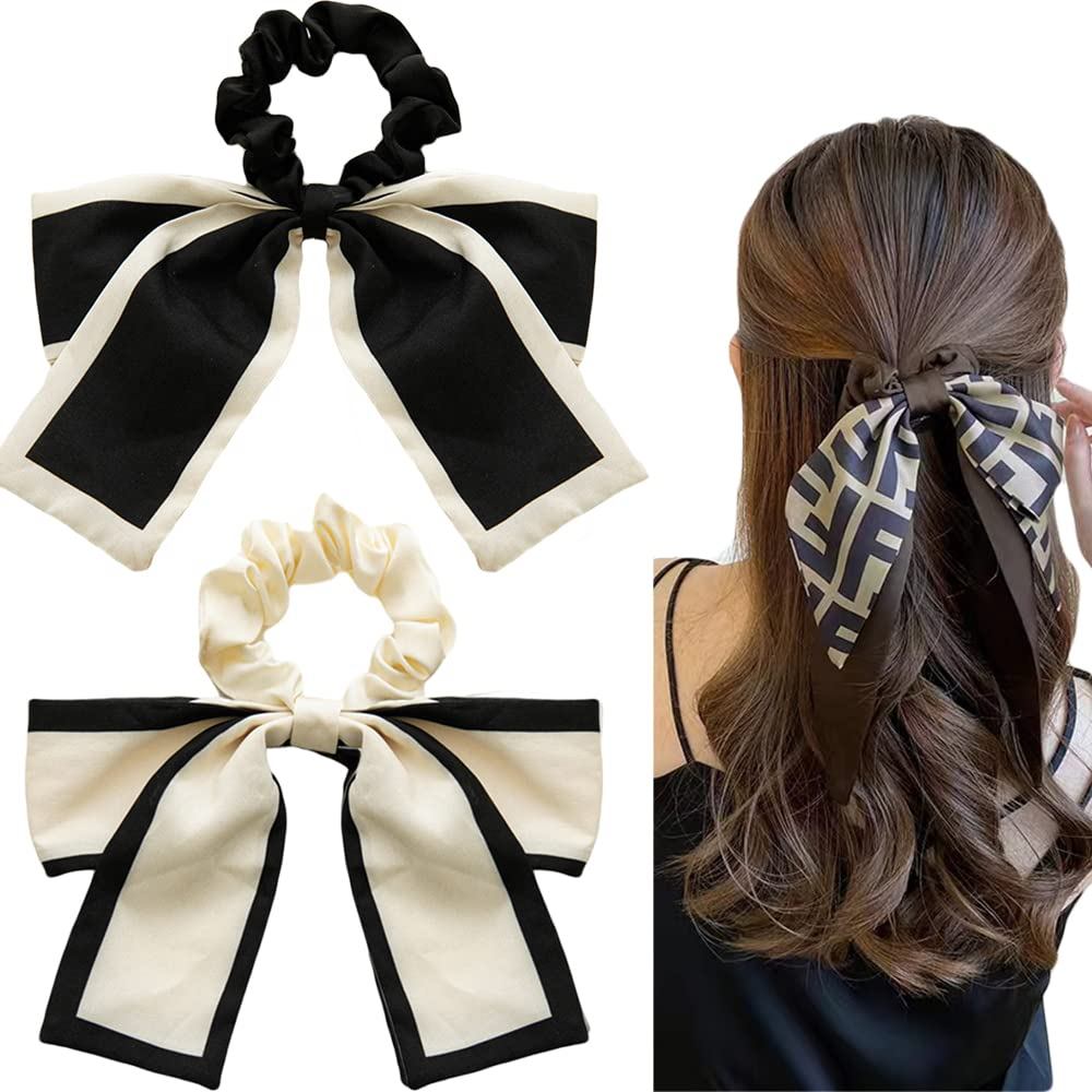 2 Peças de Elásticos de Cabelo em Chiffon Preto e Bege com Laços de Fita e Prendedores de Cabelo para Mulheres e Meninas