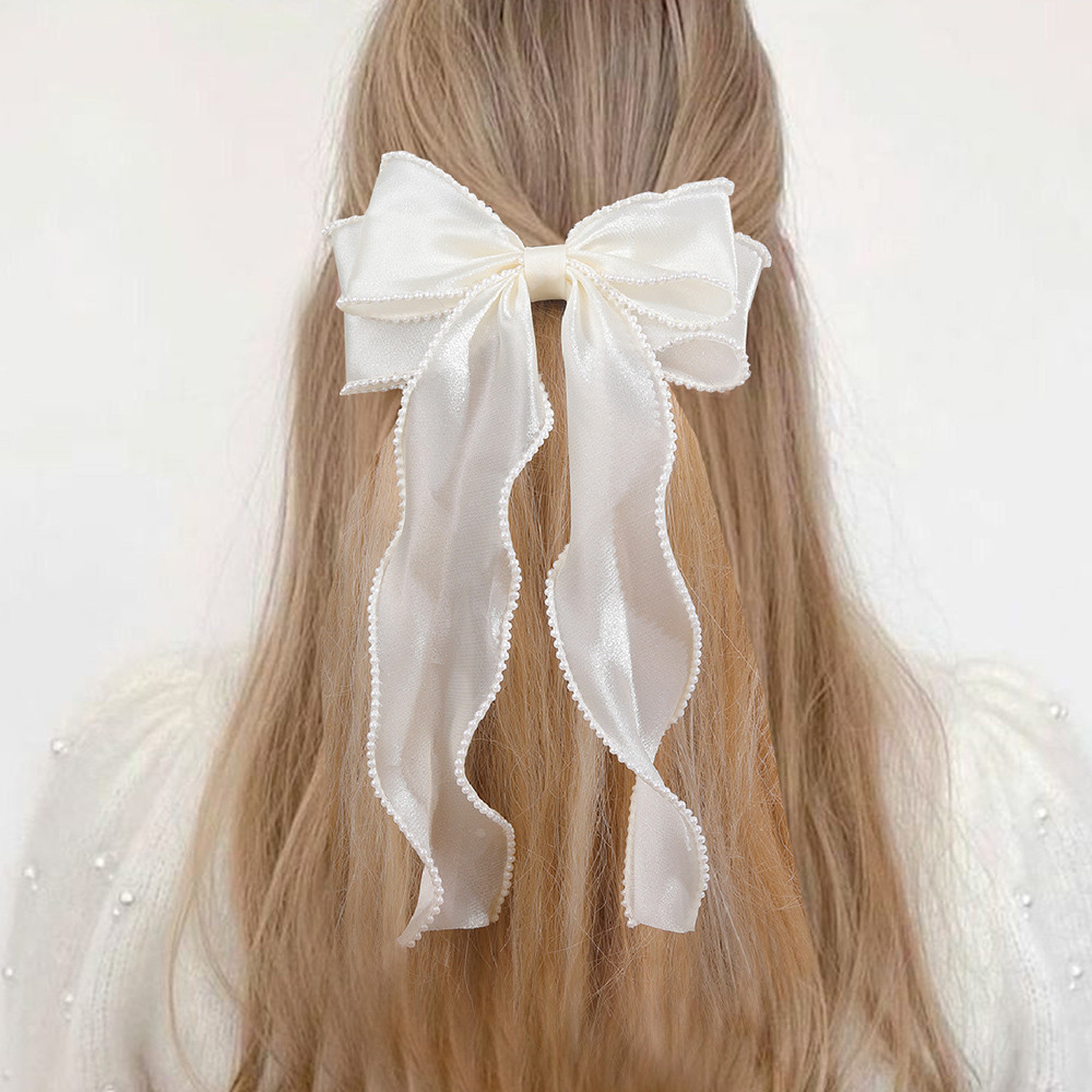 Presilha de Cabelo Grande com Pérolas - Laço Elegante de Chiffon Bege, Adequado para Mulheres e Meninas, Acessório 57T2