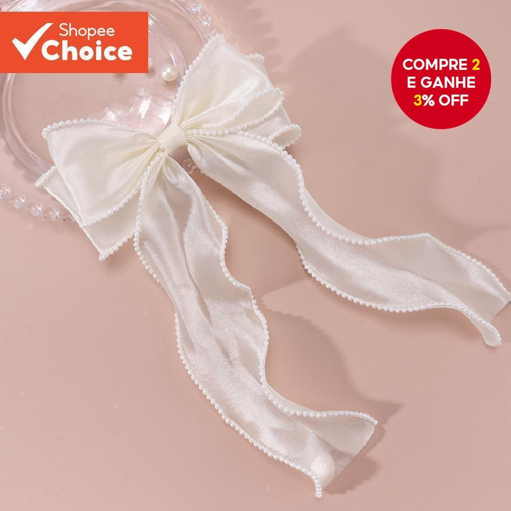 Grande Presilha de Cabelo com Pérolas - Laço Elegante de Chiffon Bege, Adequado para Mulheres e Meninas, Acessório LACQ