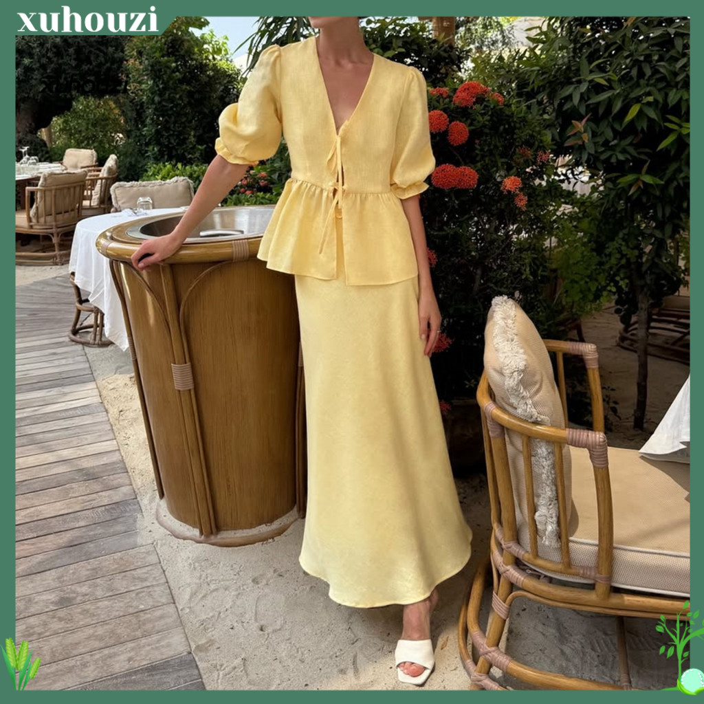 Comfortable Elegant Suit Hip-covering Skirt Women’s Summer 2-piece Set – Puff Sleeve Tie Front Top High Waist Maxi B